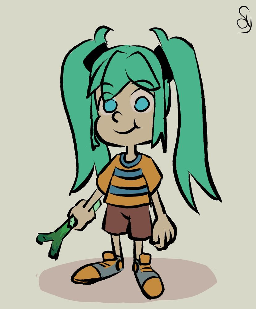 Miku looking like an Earthbound character, standing with a leek in her hand