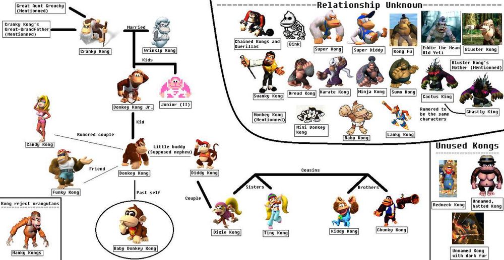 Donkey Kong family tree, it’s complicated, I didn’t look at it tbh. All I know is it’s a bunch of monkeys in a family, literally zero donkeys. Sorry.