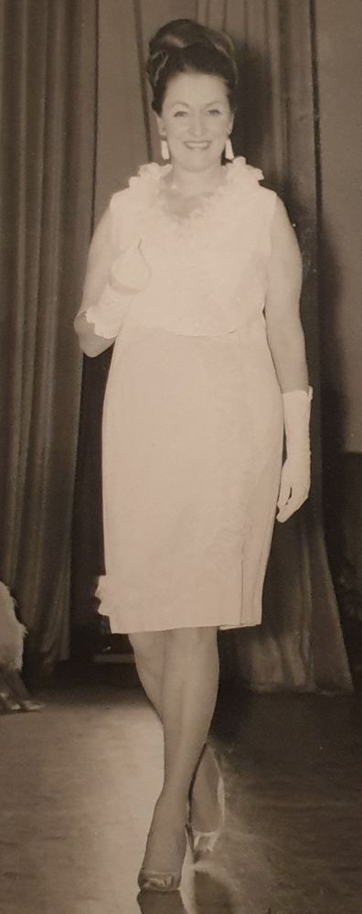 Hazel Marks modelling a white dress, in 1967.