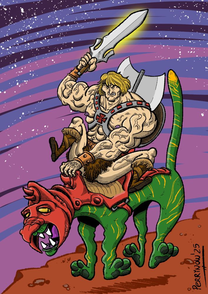 El poderoso I-VAN a lomos de un gato verde que viste una armadura ridícula de color rojo.