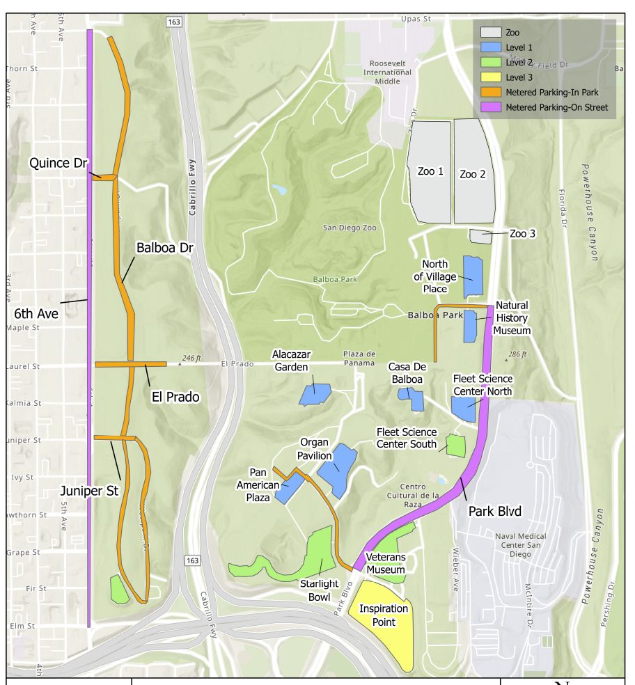 Map of Balboa Park showing where parking meters and paid lots will be installed
