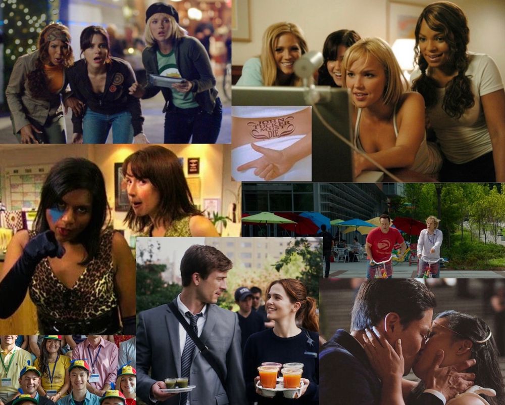 Mood board featuring scenes from The Office, Set It Up, The Internship, etc.