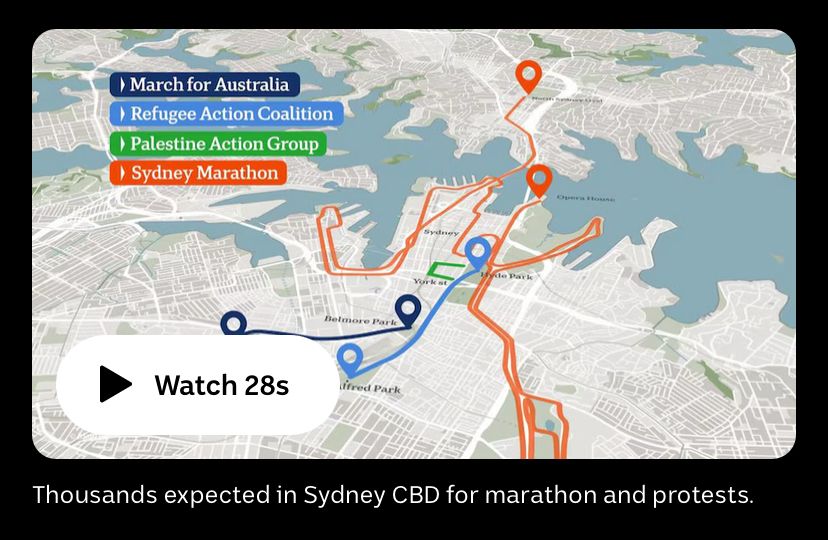 Map of the three protests and marathon tomorrow in Sydney Via ABC news

https://www.abc.net.au/news/2025-08-30/major-disruption-warning-in-cbd-sydney-marathon-three-protests/105713144?utm_source=abc_news_app&utm_medium=content_shared&utm_campaign=abc_news_app&utm_content=link