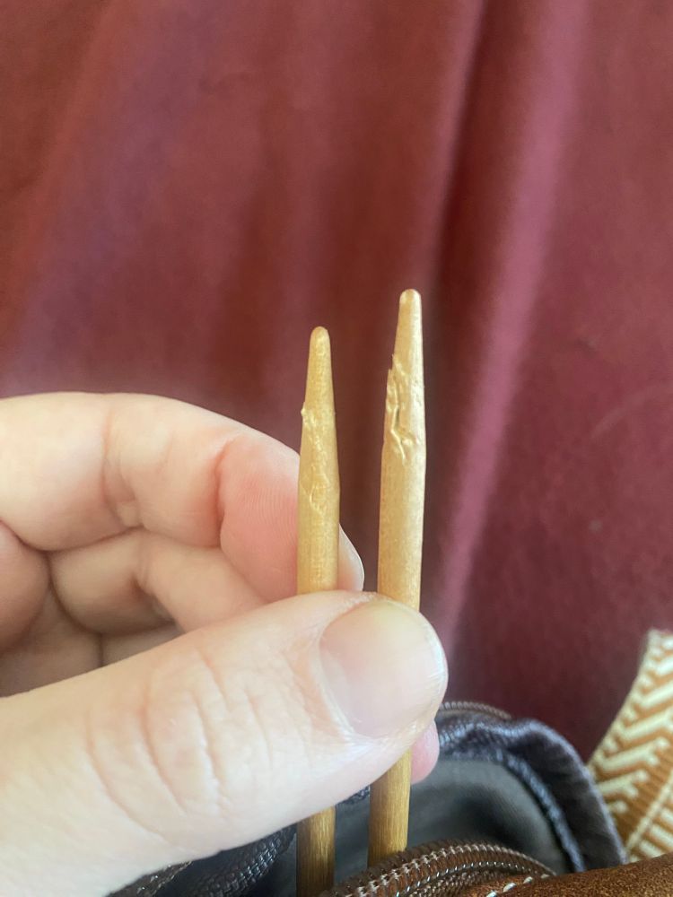 Knitting needle tips that have been bitten to unusability