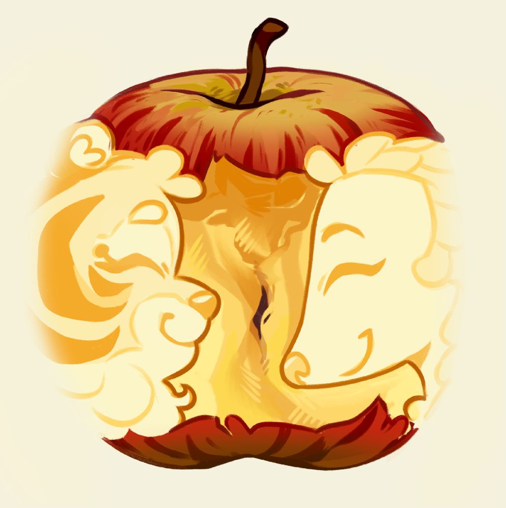 side views of my tiger Naomi and pangolin Li facing each other with their eyes closed, but carved into the silhouette of an apple