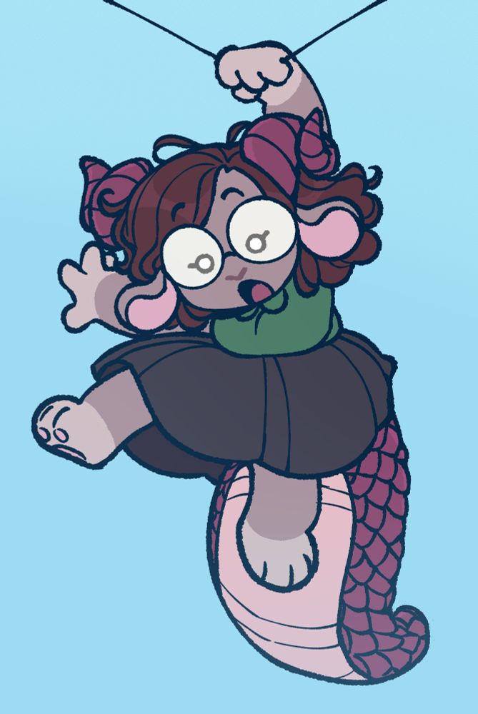 a small chimera hanging onto a thin rope with one paw. 
they have grey/brown fur with lighter hands and feet, dark pink horns, brown hair, large round glasses, a green top, a long grey skirt and a long scaled tail with a lighter pink underside.