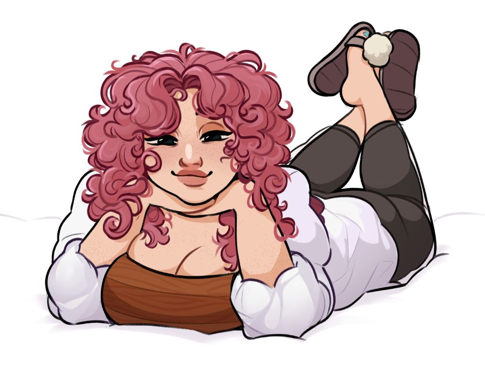 Fanart of Betty from the game "Date Everything". 
A woman with pink hair and freckles is lying on her stomach, resting her head on her hands with her feet up behind her. She looking right at you with half closed eyes and a playful smirk.
Her top has a wood grain texture on her chest under a fluffy white blouse, she also has grey and white leggings and slippers with little puffballs over the toes.