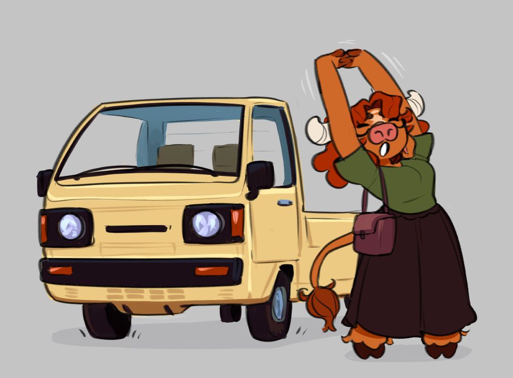 orange anthro cow girl with glasses, a green shirt, purple bag and long dark skirt. she's stretching her arms and yawning next to a small yellow truck.