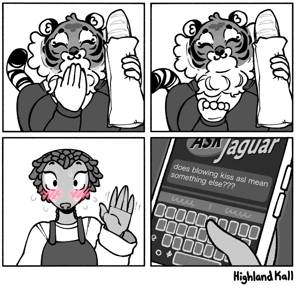 panels 1 and 2: after buying some bread Naomi signs "thank you" by holding her hand flat to her lower lip, then moving it forwards and down.
panel 3: Li waves back still blushing
panel 4: close up of her on "Ask Jaguar" searching "does blowing kiss asl mean something else???"