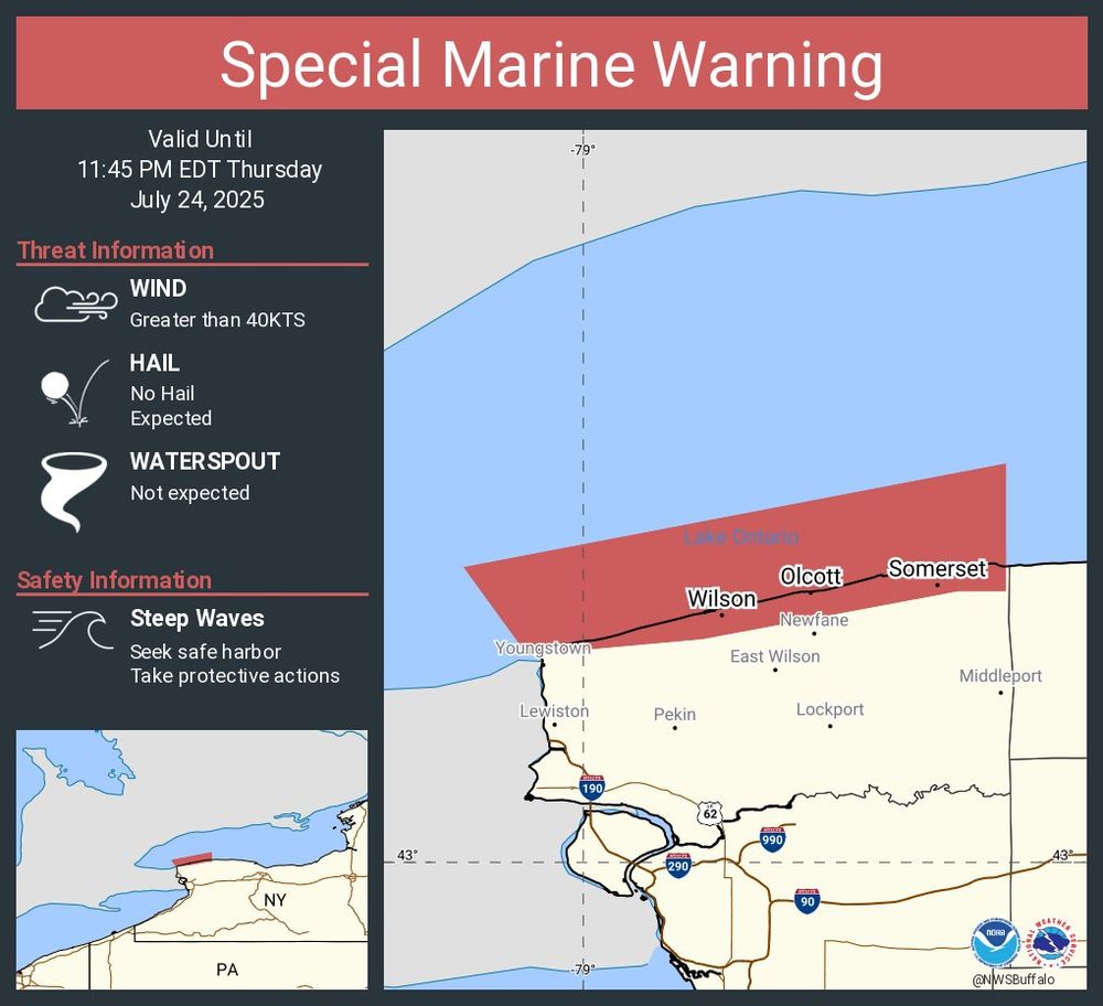 This graphic displays a special marine warning plotted on a map. The warning is in effect until 11:45 PM EDT. The warning includes Niagara River to Hamlin Beach NY beyond 5NM off shoreline to US-Canadian border and Niagara River to Hamlin Beach NY. The threats associated with this warning are wind gusts greater than 40kts and no hail expected.Waterspouts are not expected. Steep waves can be expected. Seek safe harbor and take protective actions.