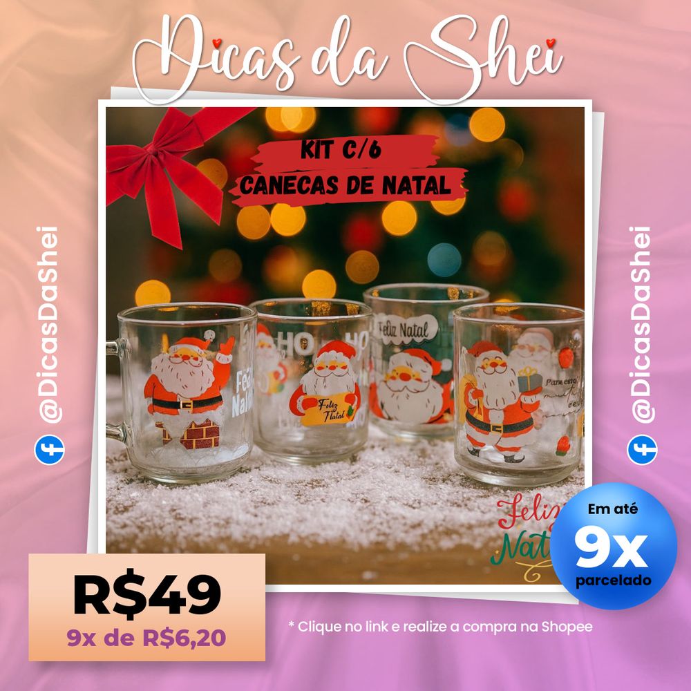 Kit com 6 Canecas Natalinas  Xicara Natal Presente Jogo de Chá Café Estampas Variadas