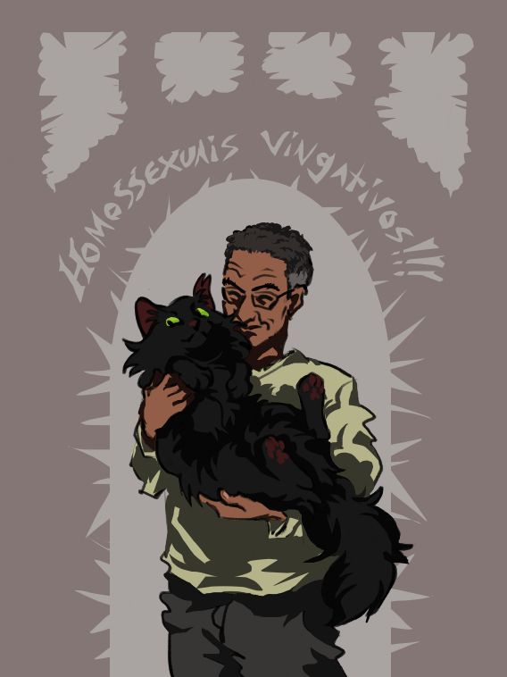 Desenho de um homem negro, velho e magro, segurando gentilmente uma gata preta, de pelo longo e olhos verdes em seus braços. Ambos tem um sorrisinho no rosto. O homem tem o cabelo curto e começando a acinzentar. Ele usa uma camisa de manga comprida amarelo dessaturado, uma calça cinza e um par de óculos. A gata está de barriga pra cima e tem uma ponta de uma de suas orelhas partida. Acima deles, está escrito num arco, "homossexuais vingativos" em uma cor mais clara do que o marrom bem desbotado no resto do fundo.