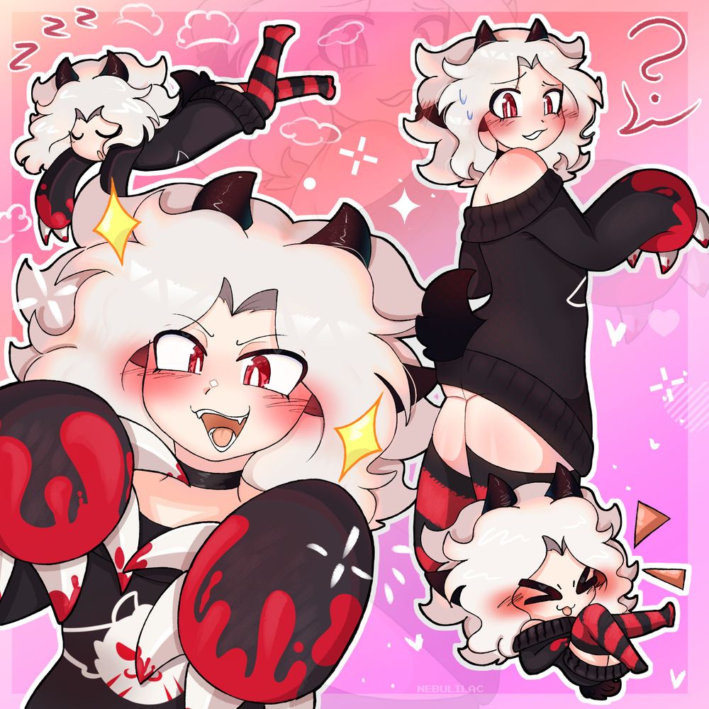 An illustration of Nebulilac / Nebulilaclive 's sona Lamb. There are multiple poses, two chibi and two halfbodied, where lamb is wearing his 'comfy' stream outfit, which consists of an overly large sweater with connected paws.