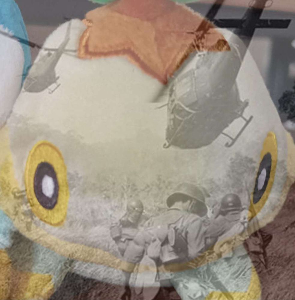 A Turtwig sitting cutie plush with an image of war scenes overlayed to depict the Turtwig being traumatised