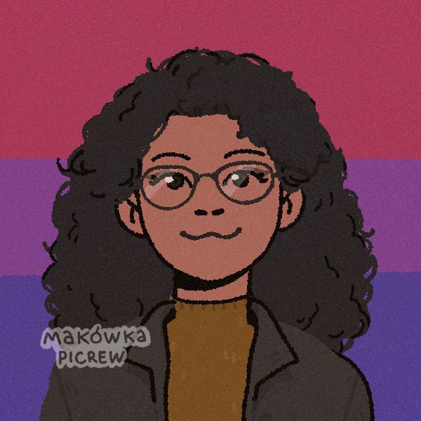 A Picrew of Amara Sebastian - her hair is black and curly, and wearing a dark jacket and a olive-coloured turtleneck, and glasses. The bisexual flag is behind her.