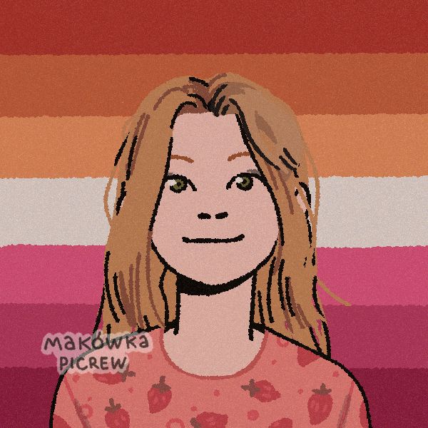 A Picrew of Charleen - she is a blonde, and wearing a pink shirt with strawberries. The lesbian flag is behind her.