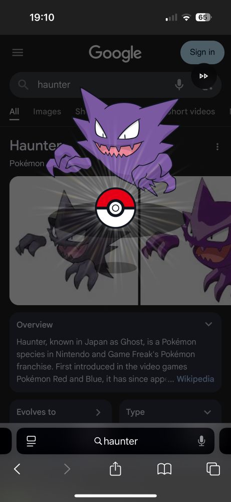 A screenshot of the Pokemon Haunter being caught with a Pokeball, infront of the google search screen