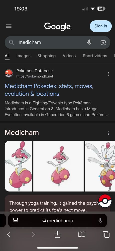 A screenshot of googling the Pokemon Medicham, which shows pictures of the Pokemon and a small Pokeball in the righthand corner 