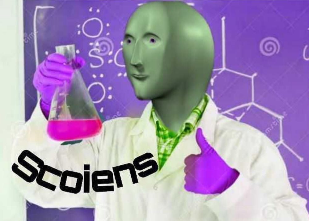 A nonsensical picture of a non-descript person with smooth mannikin-esk head, wearing a white labcoat and pink gloves holding a flask with pink liquid. They are standing in front of a pink/purple background with scribbles of chemical reagents. In big back letters in the left hand corner of the picture it reads “SCOIENS” 