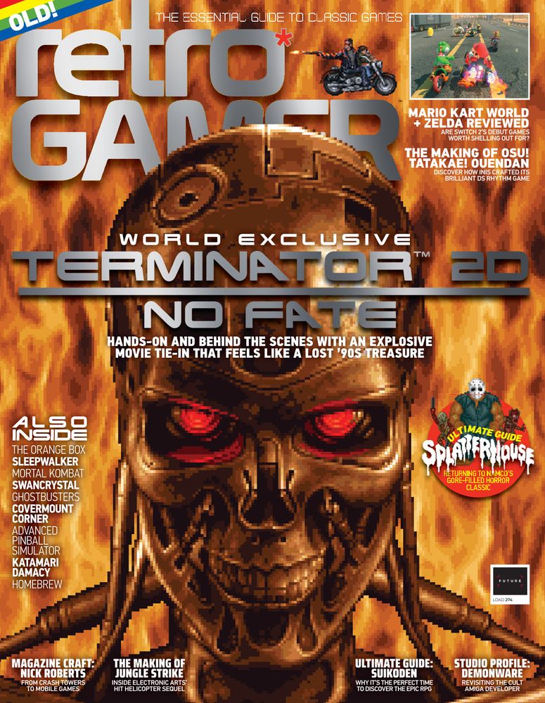 The cover of Retro Gamer issue 275, featuring pixel art of a Terminator skull against a fiery background, from the game Terminator 2D: No Fate.