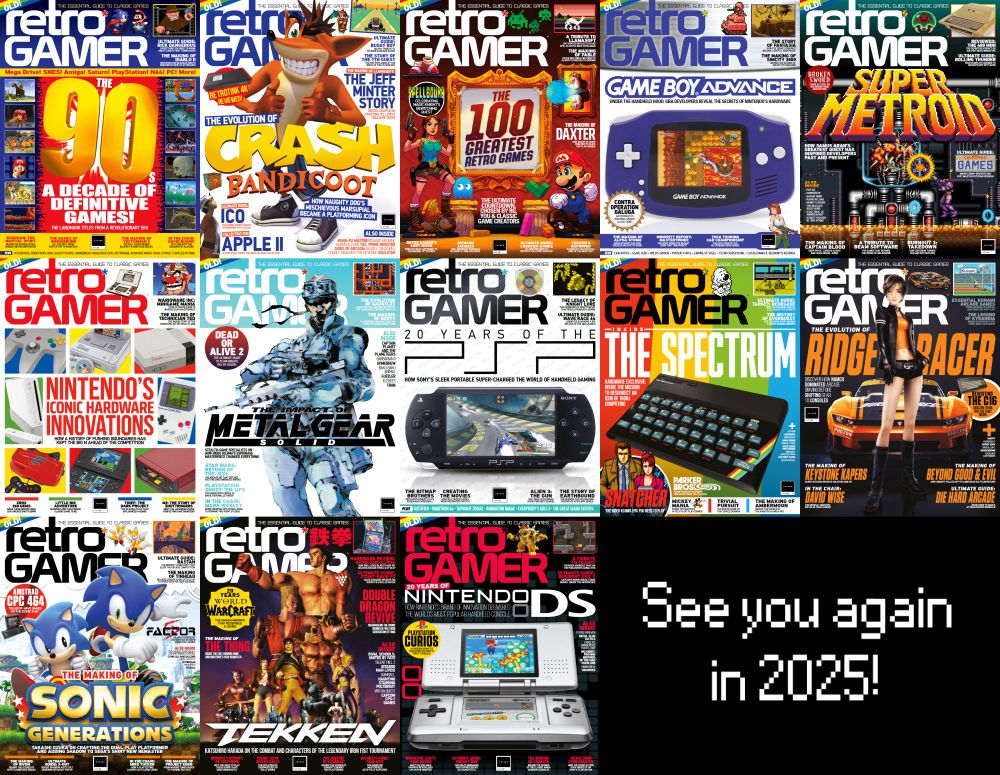 The covers of Retro Gamer issues 255-267, featuring The 90s: A Decade of Definitive Games, Crash Bandicoot, The 100 Greatest Retro Games, the Game Boy Advance, Super Metroid, Nintendo's Iconic Hardware Innovations, the PSP, The Spectrum, Ridge Racer, Sonic Generations, Tekken and the Nintendo DS.