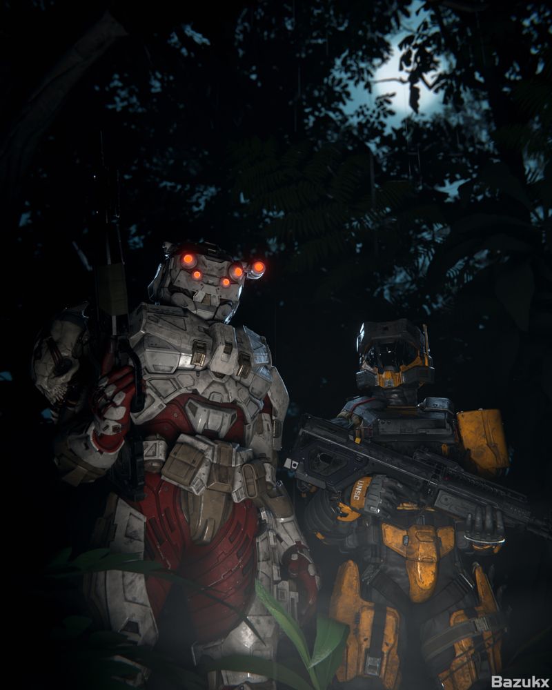 low angle shot of two halo spartans (one in white and red mark IV armor, one in yellow Rakshasa armor) holding bandit rifles standing in a dense jungle at night
their armor is wet from the light rain and fog, the moon breaks through the canopy illuminating the backs of the spartans