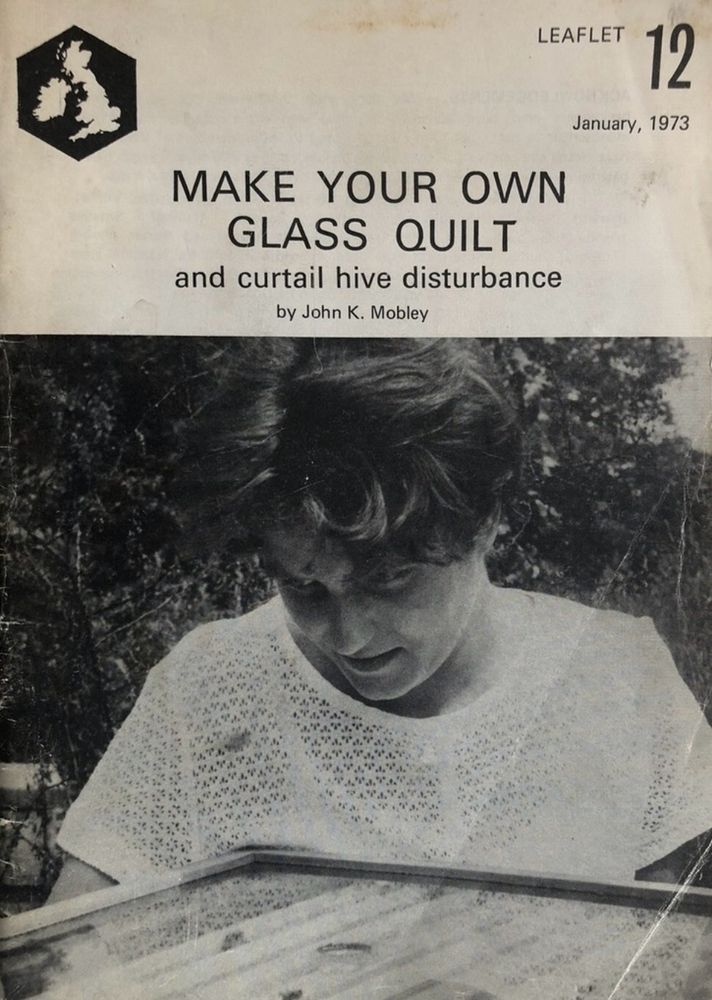 A beekeeping booklet called make your own glass quilt and curtail huge disturbance with a white person with short dark hair in a white aertex top looking into a beehive 