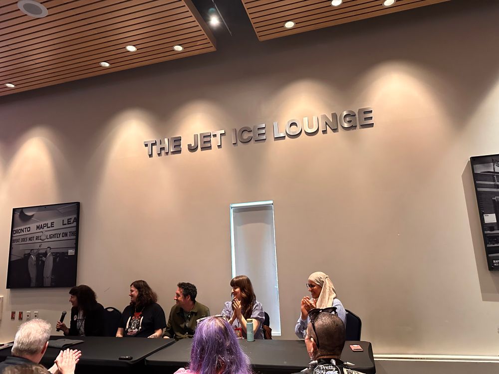 Amie Wright, Cole Pauls, Guy Delisle, Faith Erin Hicks and Santa Anwar at the Jet Ice Lounge