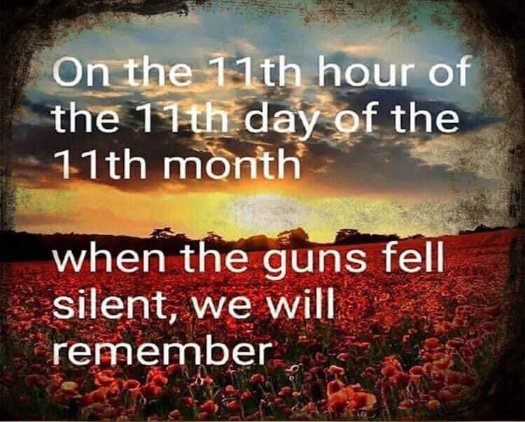 The Sun sets over a field of red poppies.  The caption reads: 

On the the 11th hour of the 11th day of the 11th month

When the guns fell silent, we will remember.