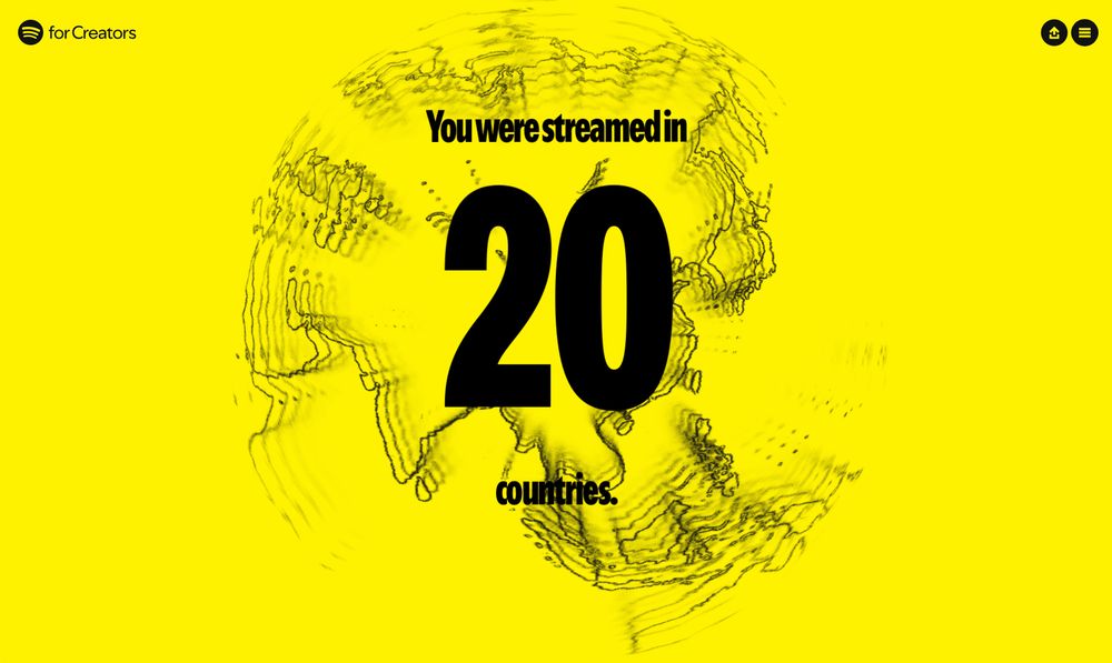 Sharepic von Spotify mit schwarzem Text auf gelbem Hintergrund. "You were streamed in 20 countries", wobei im Hintergrund ein stilisierter Globus zu erkennen ist und die Zahl zentral und füllend das Bild dominiert.