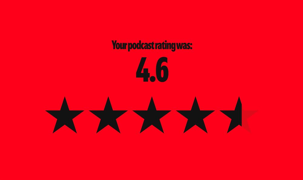 "Your podcast rating was: 4.6" sowie 4.6/5 ausgefüllten Sternen. Alles in schwarz auf rotem Hintergrund.