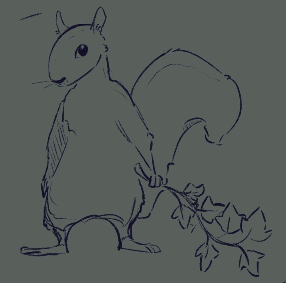 Sketch of a squirrel holding a branch/twig with leaves on it.