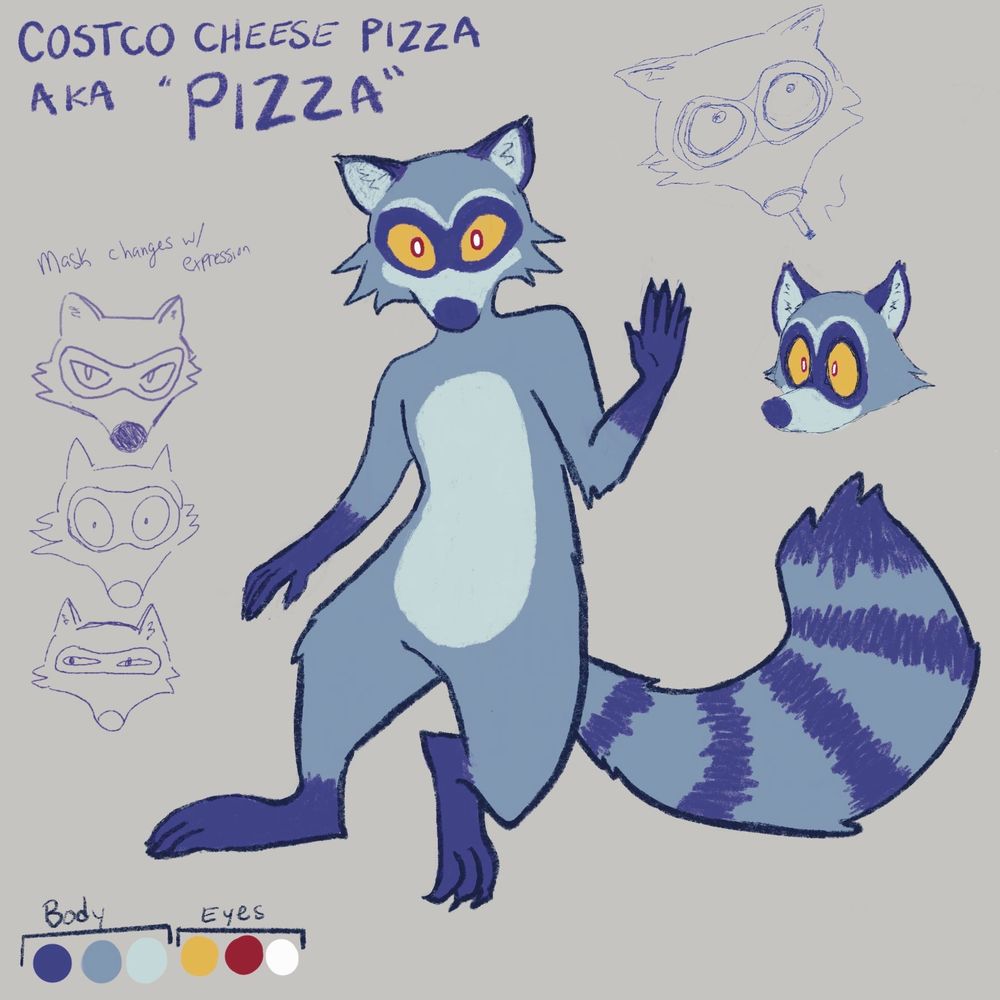 Character page of a blue raccoon named Costco cheese pizza.
