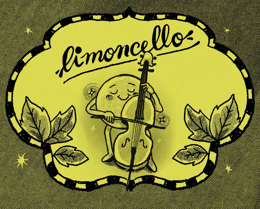 ilustração digital de um limãozinho tocando violoncelo, em cima dele lemos “limoncello”