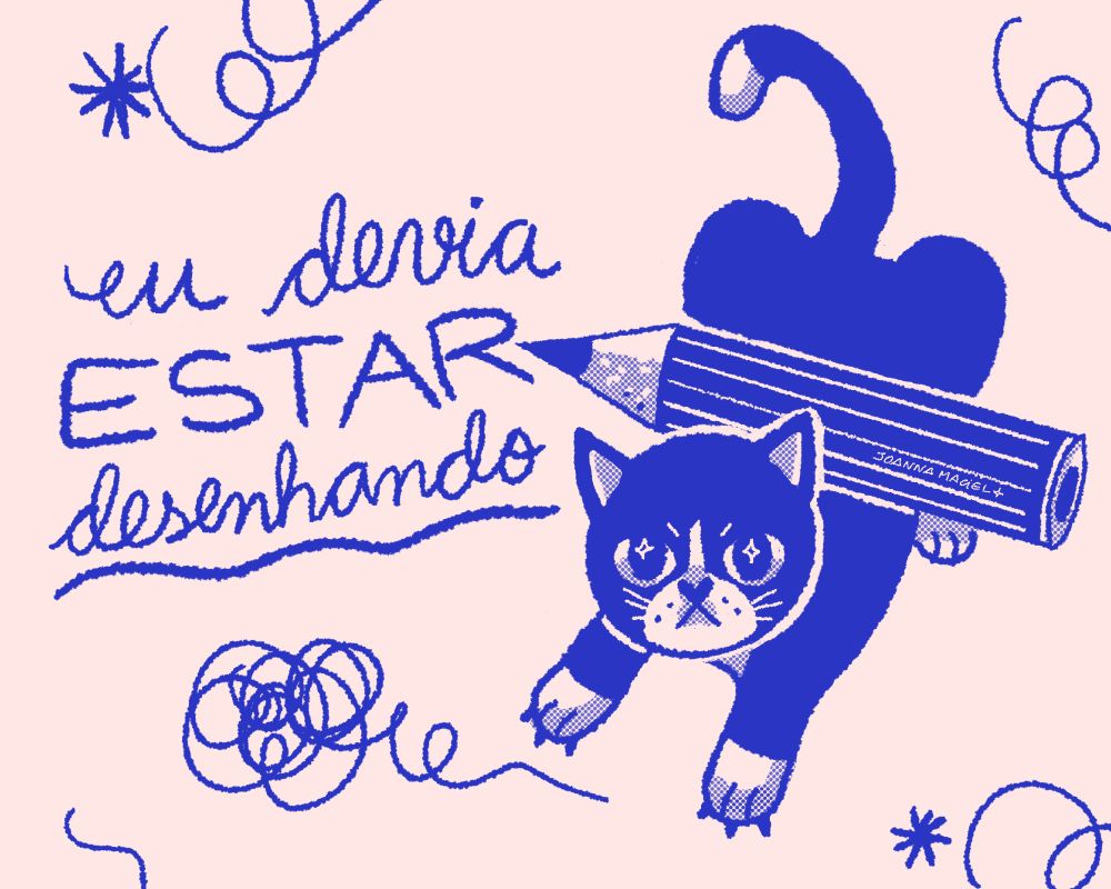 Ilustração digital azul de gato frajola com um lápis gigante nas costas apontando pra frase “eu devia estar desenhando”