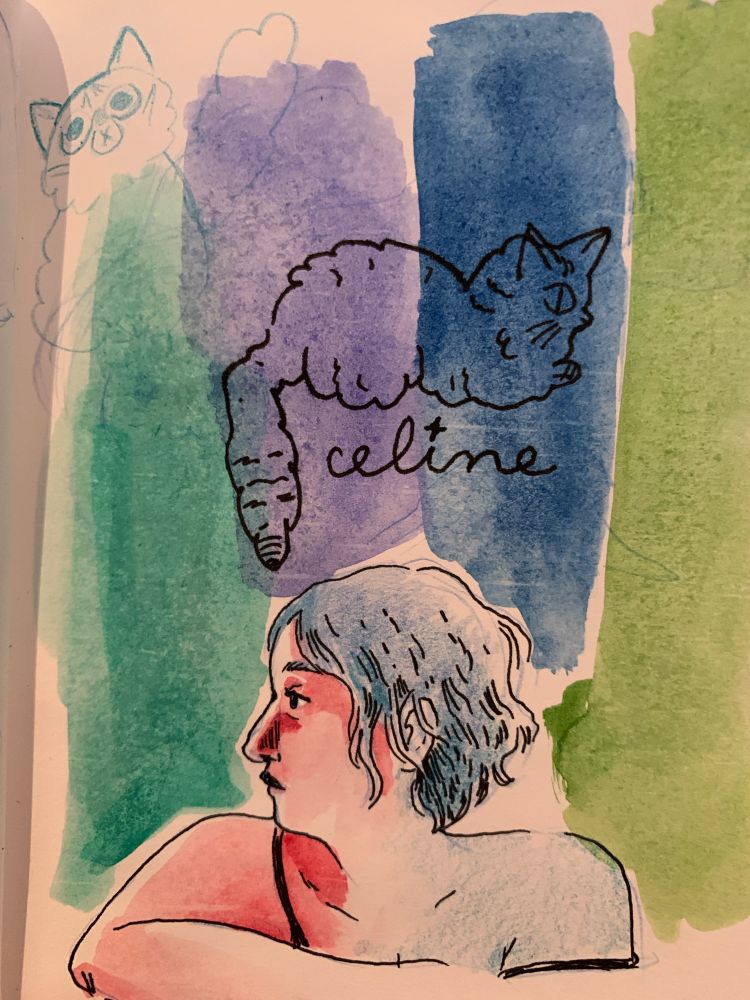 foto de papel com ilustração em nanquim e aquarela. no canto inferior da folha uma pessoa branca esta de perfil com nariz grande, cabelo curto azul e ombro descoberto. acima dela listras nas cores verde escuro lilás azul e verde claro. em cima das listras uma gata desenhada em nanquim olha pro lado esquerdo. embaixo dela o nome celine 