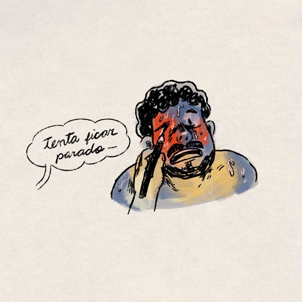 vemos uma mão desenhando o rosto de um rapaz barbudo e o balão de fala dizendo "tenta ficar parado"