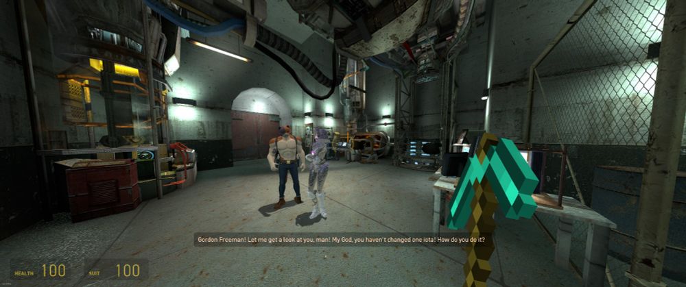 In game screenshot of the player holding a diamond minecraft pickaxe instead of the default crowbar. Standing in front of the player are 2 fortnite skins with a bionicle in the background.