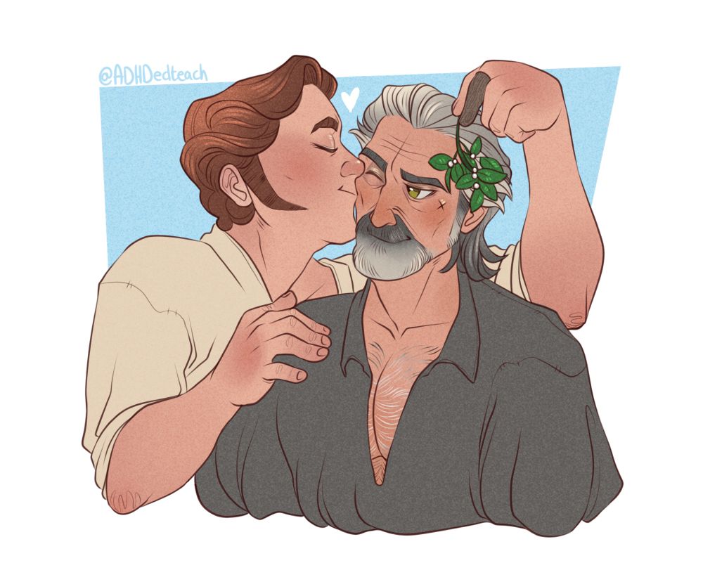 digital drawing of izzy hands and lucius spriggs from our flag means death, they're depicted from the bust upwards. lucius is holding mistletoe near izzy's head and smooching him on the cheek. izzy looks very fond :)  also his boobs are out :)