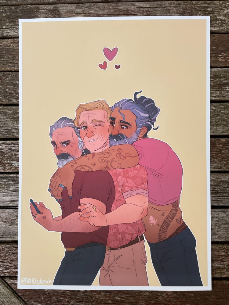 print out of artwork featuring stede, izzy and ed from our flag means death