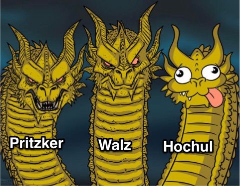 Three headed dragon meme. Pritzker and Walz are the cool dragons. Hochul is the goofy one