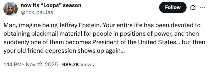 Man, imagine being Jeffrey Epstein. Your entire life has been devoted to obtaining blackmail material for people in positions of power, and then suddenly one of them becomes President of the United States… but then your old friend depression shows up again…