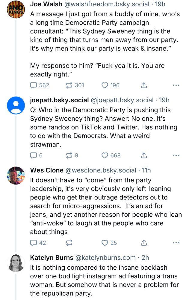 Joe Walsh @walshfreedom.bsky.social • 19h
A message I just got from a buddy of mine, who's a long time Democratic Party campaign consultant: "This Sydney Sweeney thing is the kind of thing that turns men away from our party.
It's why men think our party is weak & insane."
My response to him? "Fuck yea it is. You are exactly right." y 562
门 301
© 196
••
joepatt.bsky.social @joepatt.bsky.social • 19h
Q: Who in the Democratic Party is pushing this Sydney Sweeney thing? Answer: No one. It's some randos on TikTok and Twitter. Has nothing to do with the Democrats. What a weird strawman.
口6
668
Wes Clone @wesclone.bsky.social • 11h
It doesn't have to "come" from the party leadership, it's very obviously only left-leaning people who get their outrage detectors out to search for micro-aggressions. It's an ad for jeans, and yet another reason for people who lean
"anti-woke" to laugh at the people who care about things
$ 42
© 25
••
Katelyn Burns @katelynburns.com • 2h
It is nothing compared to the insane backlash over one bud light instagram ad featuring a trans woman. But somehow that is never a problem for the republican party.
