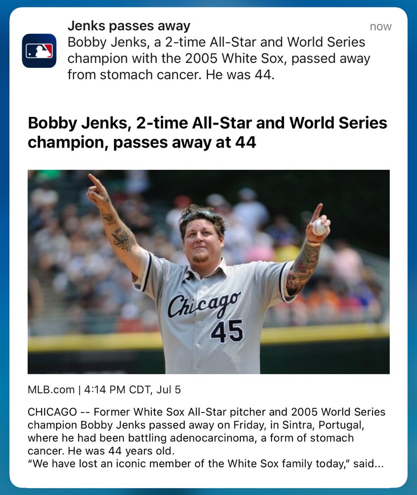 Jenks passes away
Bobby Jenks, a 2-time All-Star and World Series champion with the 2005 White Sox, passed away from stomach cancer. He was 44.
now
Bobby Jenks, 2-time All-Star and World Series champion, passes away at 44