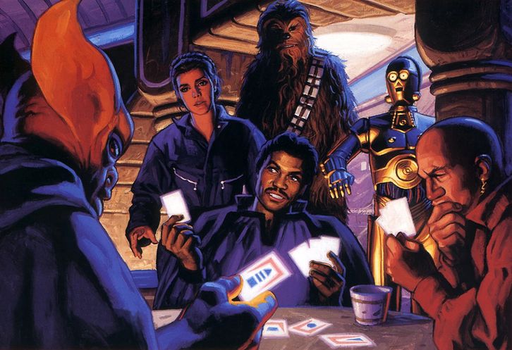 1996 Topps Star Wars: Shadows of the Empire illustration, featuring Lando Calrissian playing the card game Sabacc at a table with two other humanoid creatures. Leia, Chewbacca, and C-3PO stand behind Lando as he chooses a card.