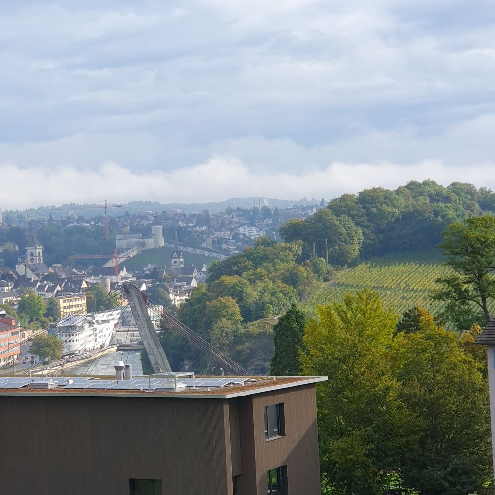 Aussicht auf meine Heimatstadt mit Blick auf den Munot . Rechts davon Bunt gefärbte Bäume , der Herbst hält einkehr.