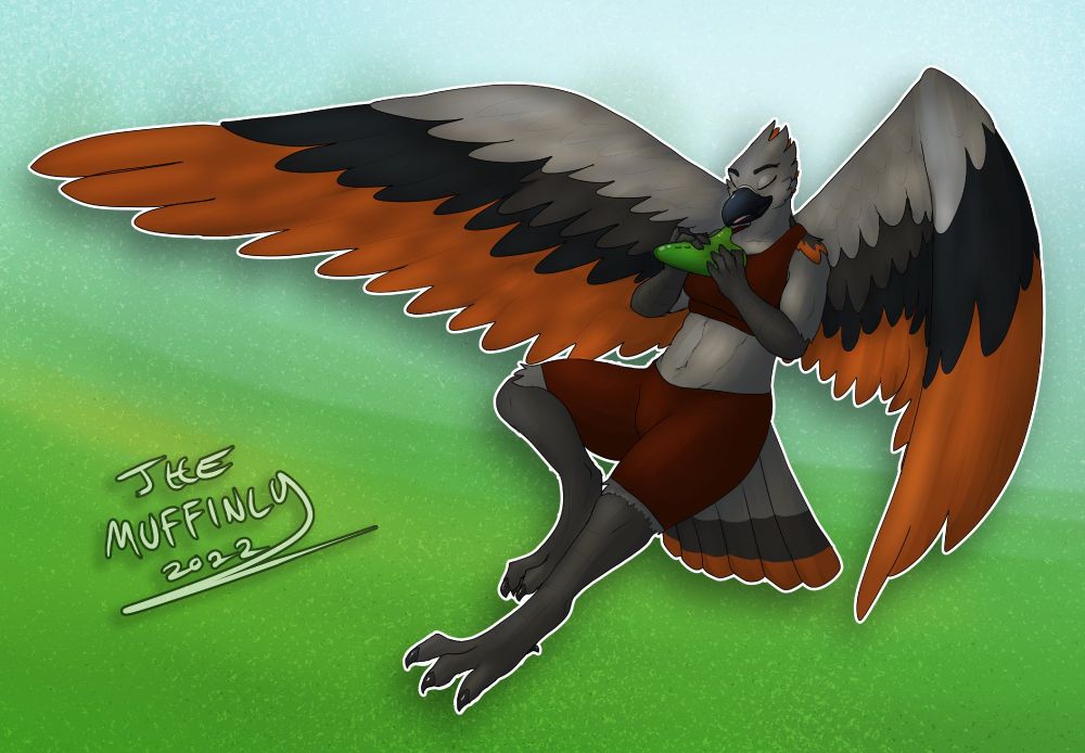 Reika, a grey anthropomorphic bird, flying backwards. She has grey feathers, and the feathers on  her wings and tail are grey, dark grey and orange. She is wearing a red top and shorts. She has a forest green ocarina up to her beak and she looks content as she plays a song. 