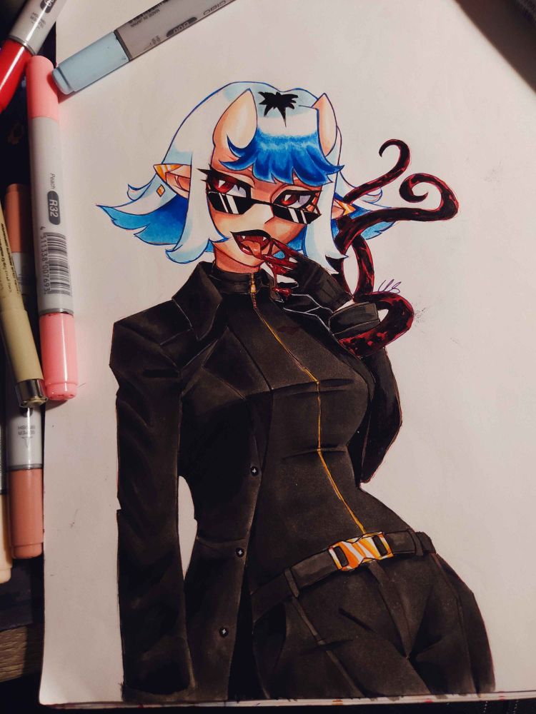 Demon girl with blue hair and elf ears dressed as Wesker from Resident Evil.