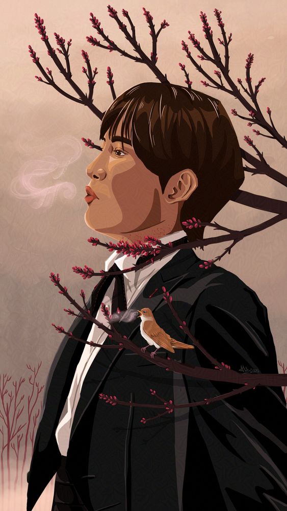 An illustration depicting Choi Jongho from the k-pop group Ateez, standing between branches of red maple. The branches are bare of leaves and only red buds grow at the end. A particularly thick cluster of red buds grows along the branch in front of his neck. A nightingale sits on a lower branch. Both Jongho and the nightingale have smoke made from condensed cold air coming from their mouths as they whistle in the dawn cold. There is a little bit of blood peeking out from within Jonghos suit collar and a couple drops on the branches and on his black suit.