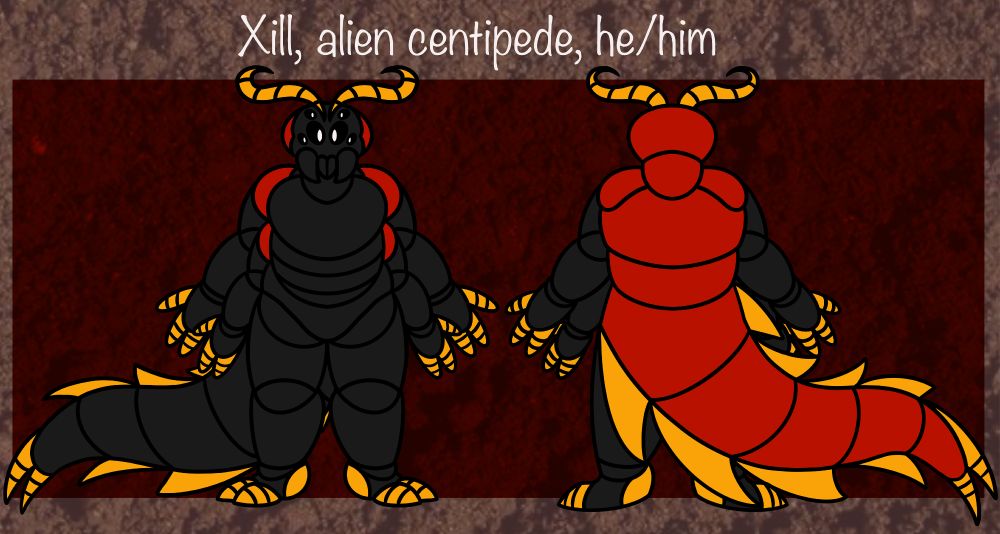 A ref sheet of Xill front and back